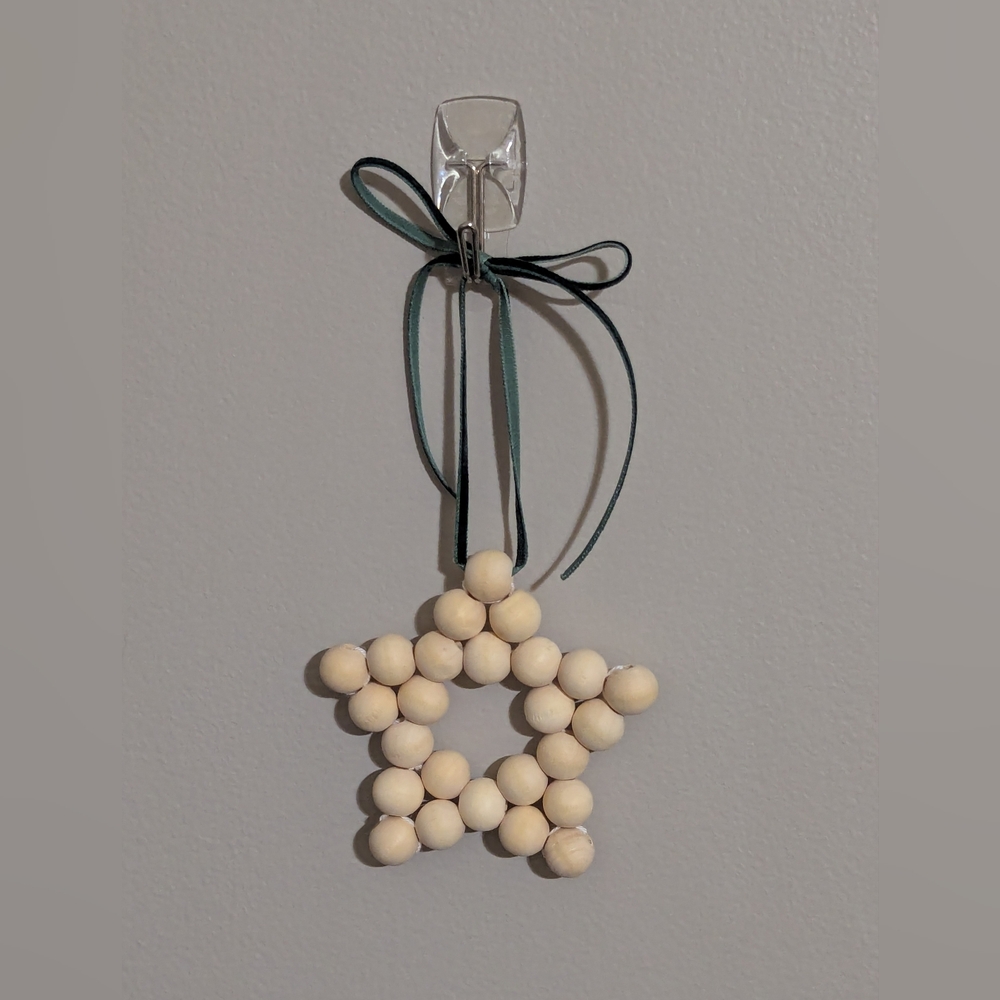 Elegant Natural Wood Beaded Star Ornament **Handmade**